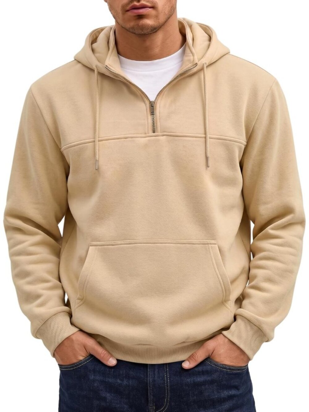Men's Khaki Quarter ZIP Casual Pullover Essentials Plain Sweatshirt Hoodies